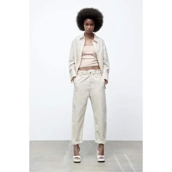 Zara Jeans Zara Z975 Baggy Paperbag Jeans In Color Ecru Size